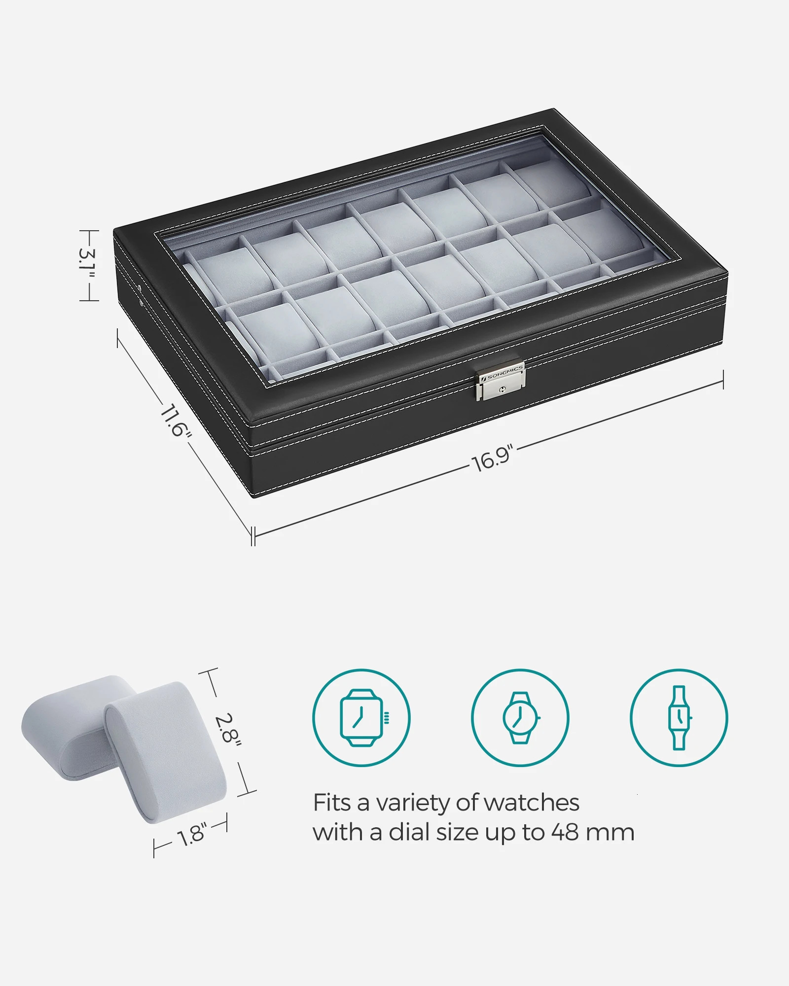 SONGMICS Watch Box 24 Slot Watch Box Lockable Watch Storage Box with Glass Lid Gift Idea Ink Black Synthetic Leather 250311