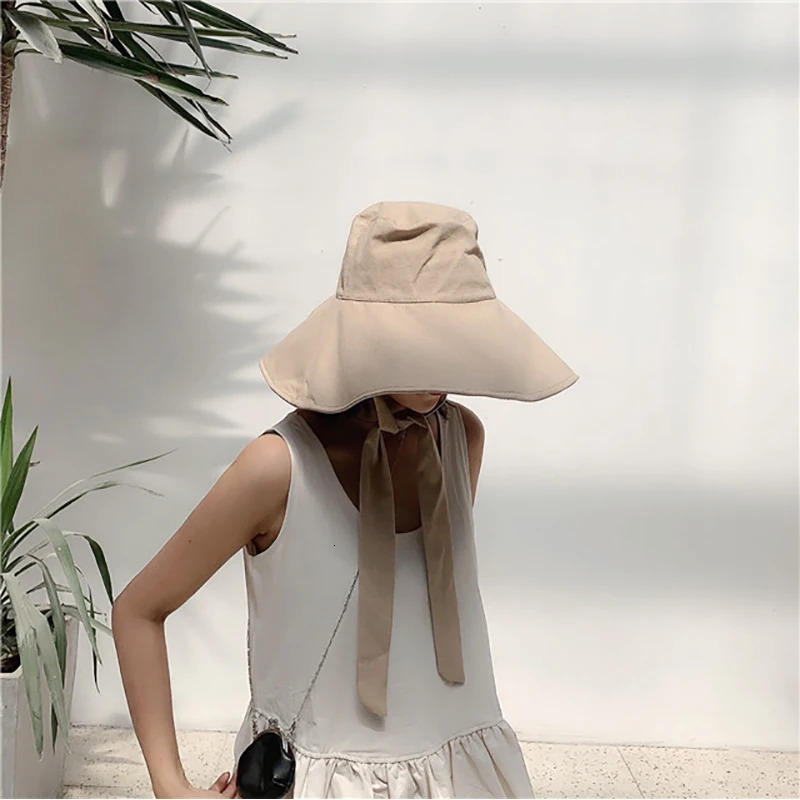 Japan and South Korea Big Brim Hat Womens Spring Summer Foldable Travel Sun Hat Cotton Linen Round Bandage Bow Fisherman Hat 250310
