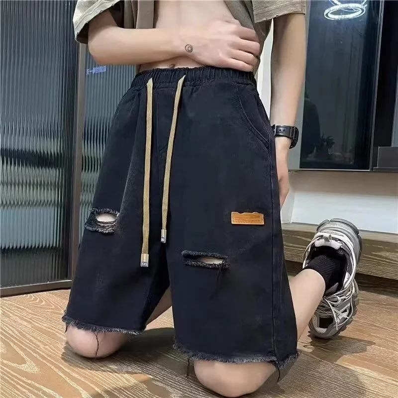 Summer Y2K retro mens jeans shorts streetwear torn Bermuda Jorts drawstring pocket wide leg blue denim 250312