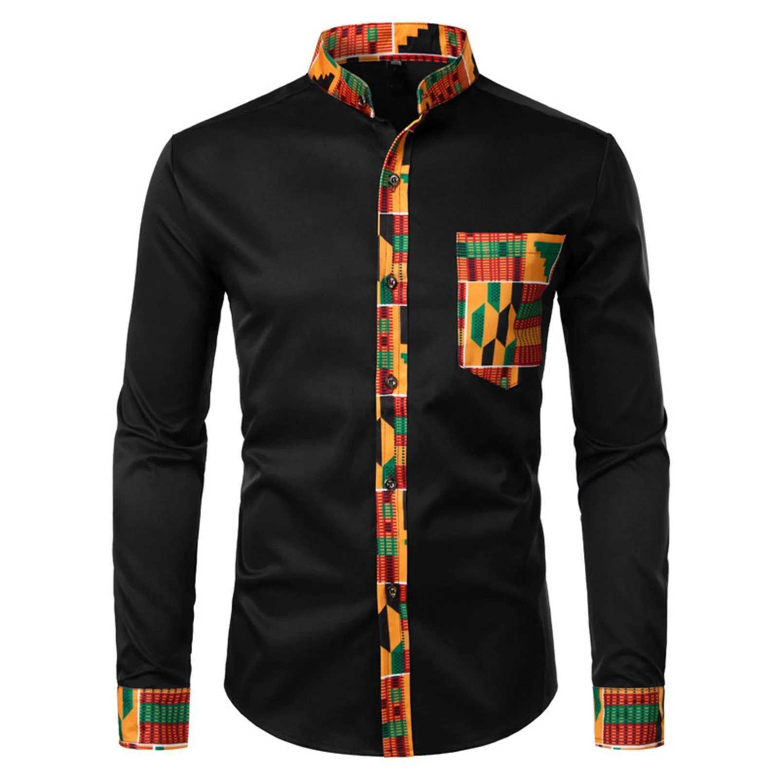 Mens shirt mens African long sleeved printed patch work design button top seaside vacation casual plus size W250312