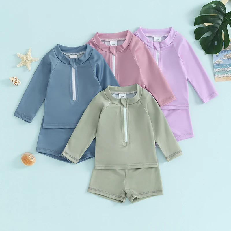 1-5years Kids Boys And Girls 2 Piece Swimwear Set Front Zipper Long Sleeve Swimsuit Swim Shorts Infant Kids Bathing Suits 250311