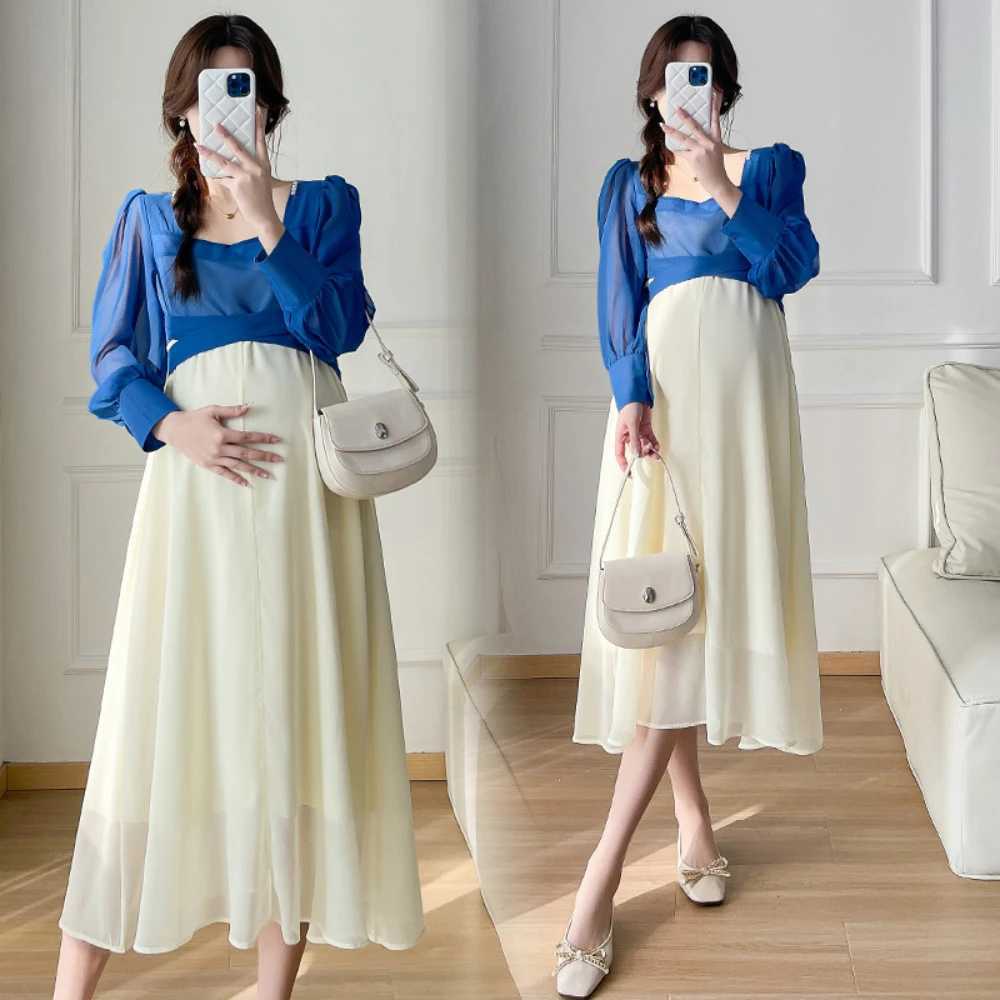 Maternity Dresses Long Sleeved Korean Edition Contrast Color Pregnant Dresses Contrast Color Loose Fit Pregnant Women Long DressT250311