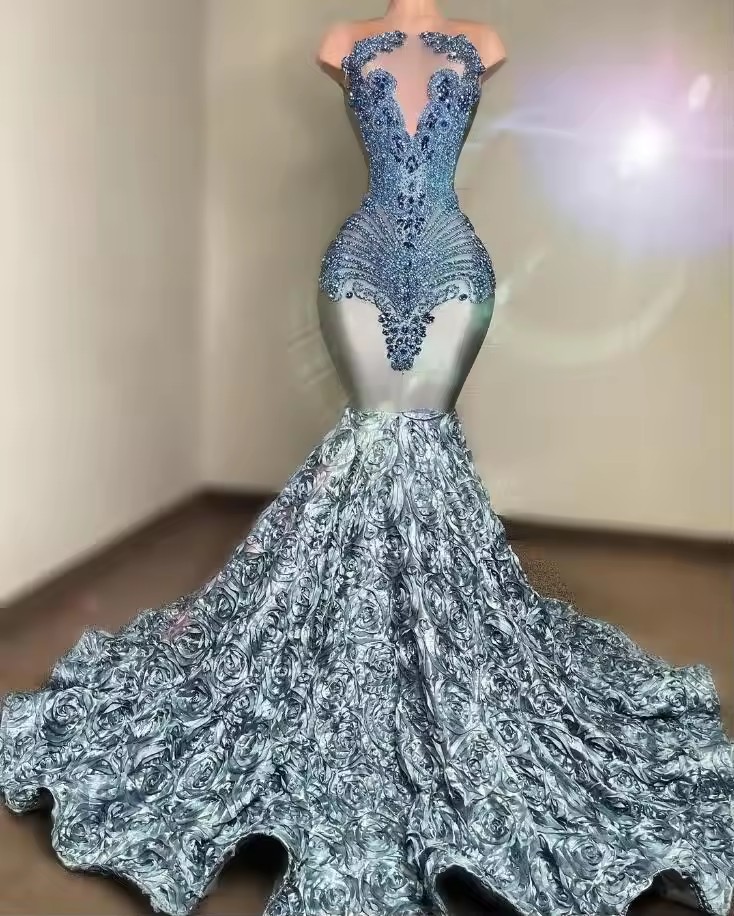 Customsized Blue Rose Bottom Party Sparkly Crystal Beaded Black Girl Birthday Prom Gown 2025 Dresses for Women