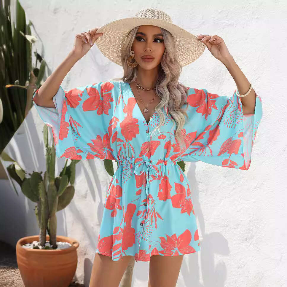 Women's European and American Station Summer Leaf Printed Five Sleeve Dress 2025 New Casual Versatile Fashion Clothing