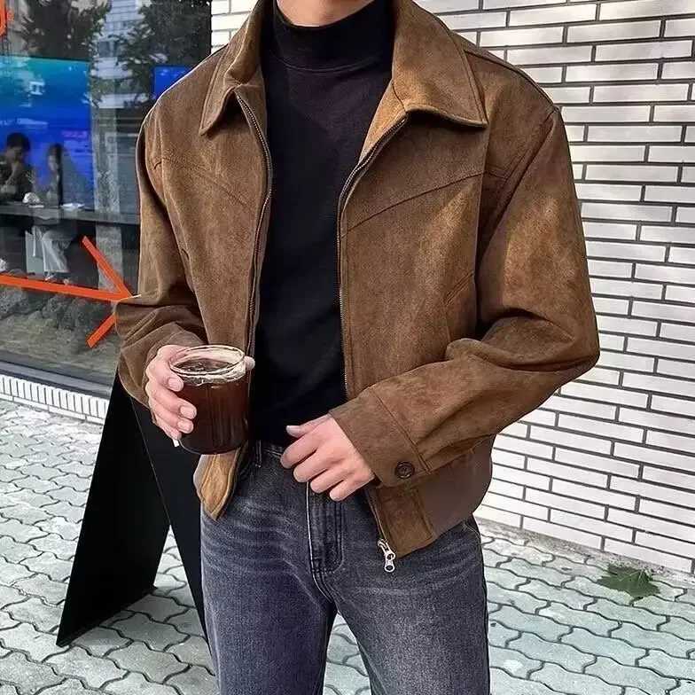 Autumn Winter Korean Style Mens Loose Fit Chamois Leather Flight Jacket Casual Trendy Lapel Zippered Hooded Warm Comfortable OuT250311
