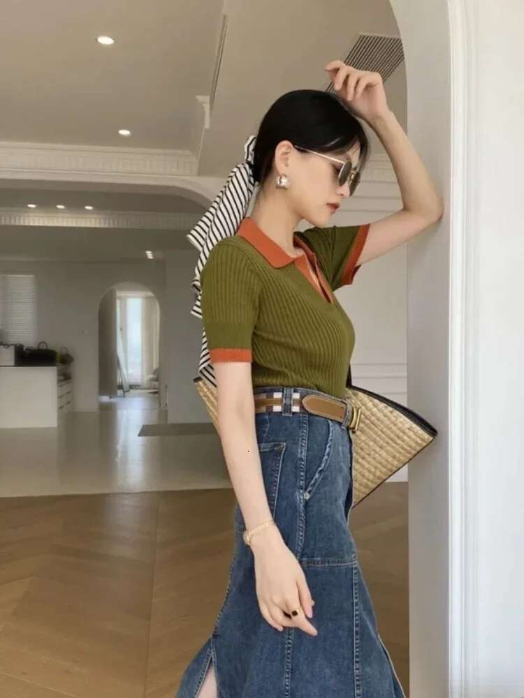 Women's Short Sleeve T-Shirt, Slimming Vintage Polo Collar, Elegant Blouse, Soft Breathable Top, Summer Fashion, 2024