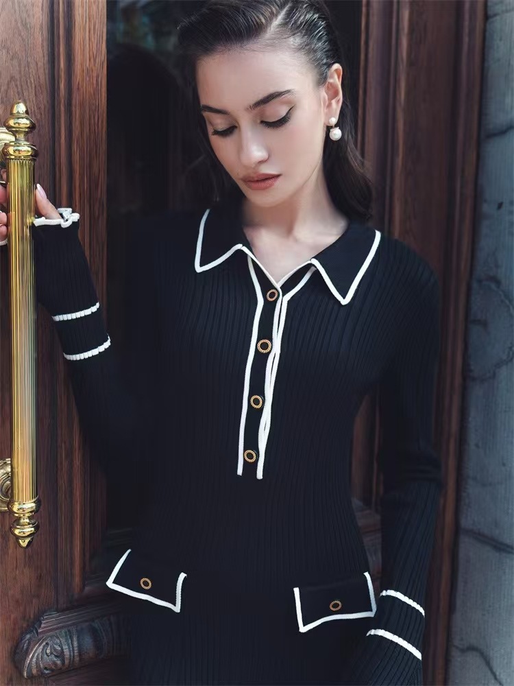 2025 fashionable lapel long sleeved ruffle button trimmed slim fit dress for women elegant slim fit knit skirt
