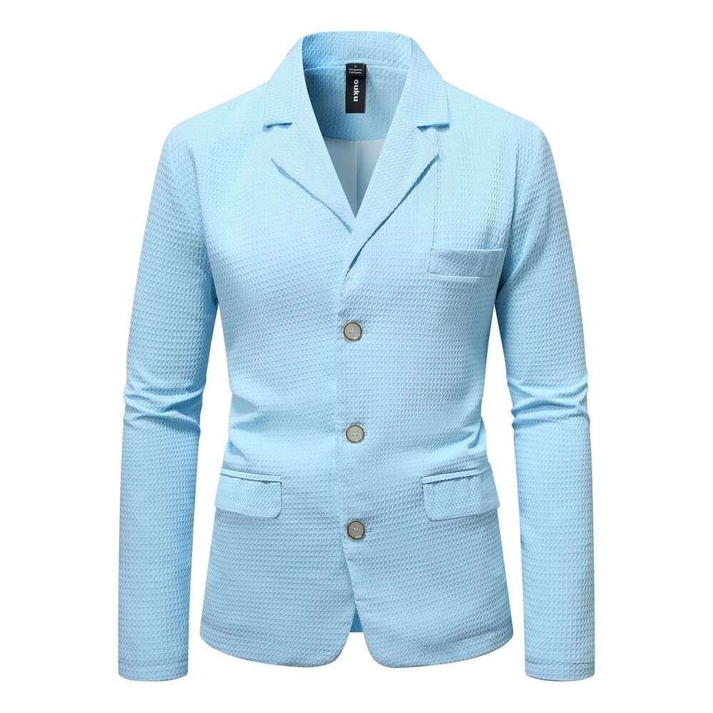 New Men's Casual Waffle Mini Suit, Youth Fashion, Solid Color, Single Row Three Button Suit