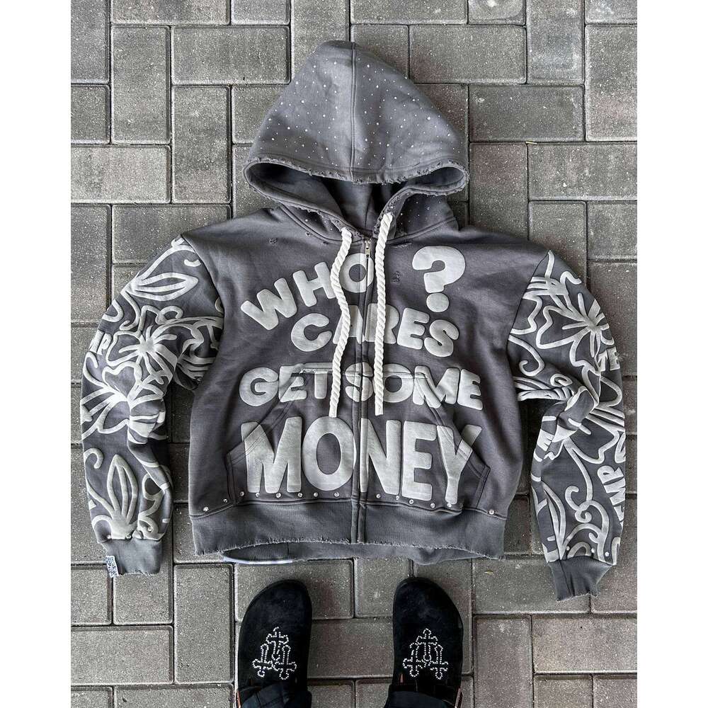 American Street Trend Foam Printed Personalized New Zipper Harajuku Loose Unisex Hoodie
