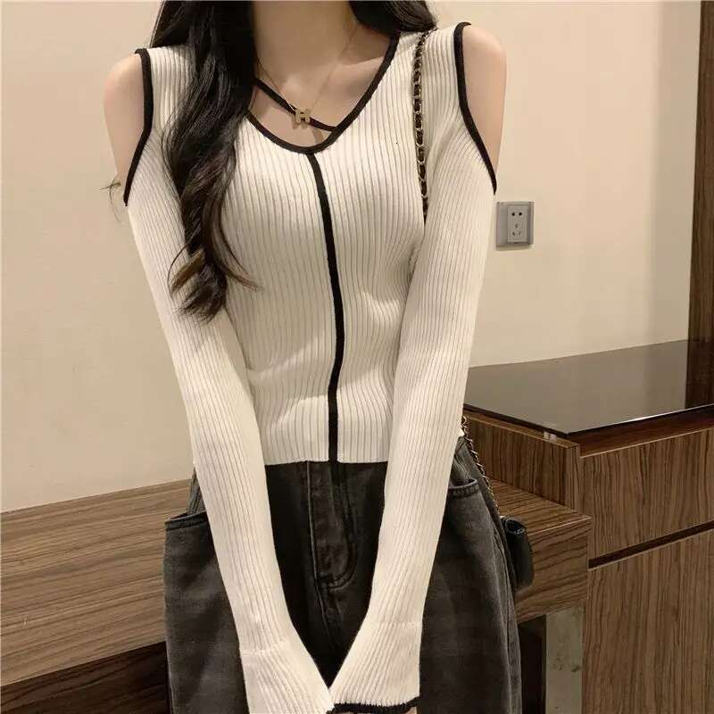 Femme Spring Summer Korean Fashion Simplicity Screw Thread Solid Color O-Neck Women Clothes Fashionable Patchwork Long Sleeve