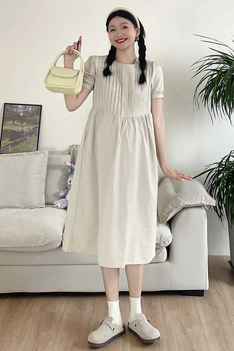 Korean Style Maternity Fashion Dress Plus Size Short Sleeve O-neck Pregnant Woman Brief Dress Solid Color Pregnancy A-line DressT250311