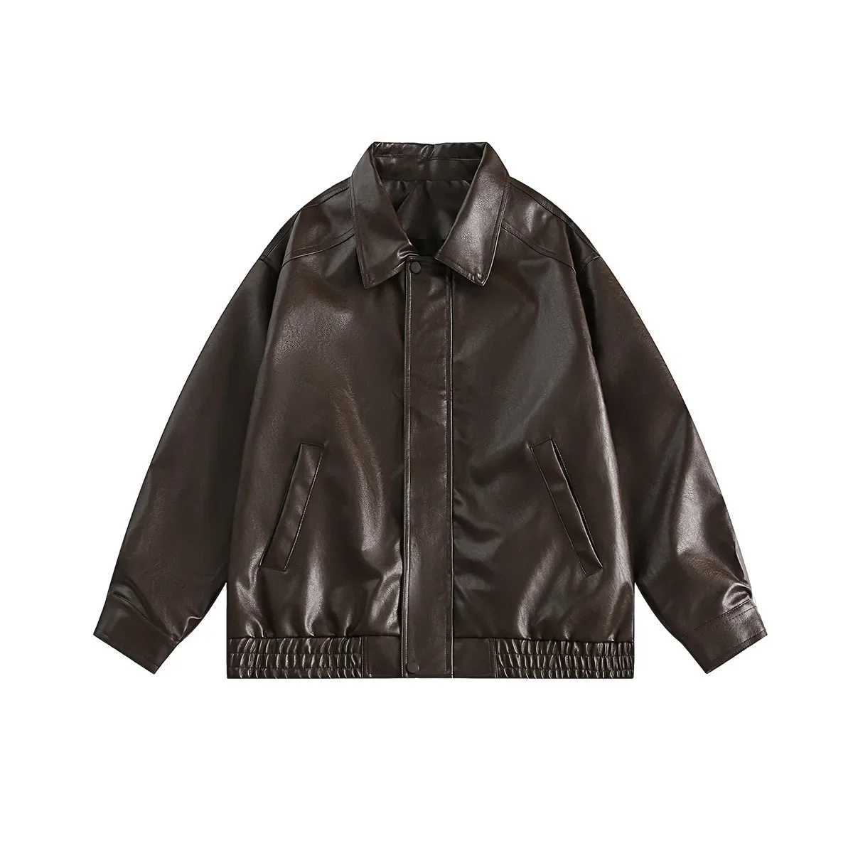 Brown Leather Jacket For Men 2023 New Spring Autumn Motorcycle Cropped Solid Color American Style Vintage PU Leather JacketT250311