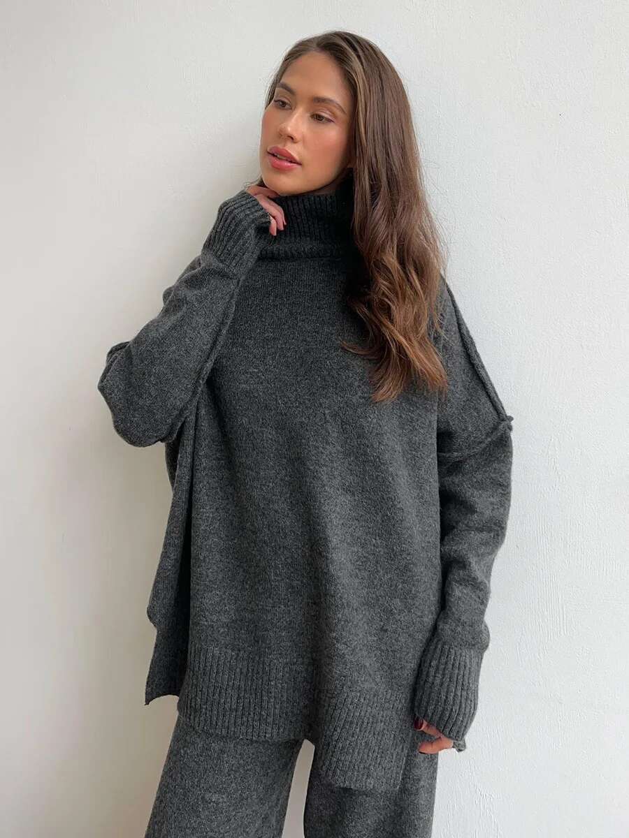 Turtleneck Sweater Knit Suit Women's Autumn spring New Loose Casual Lazy Knitted Pullover Top+ Long Pants 2 Pieces Set Outfits