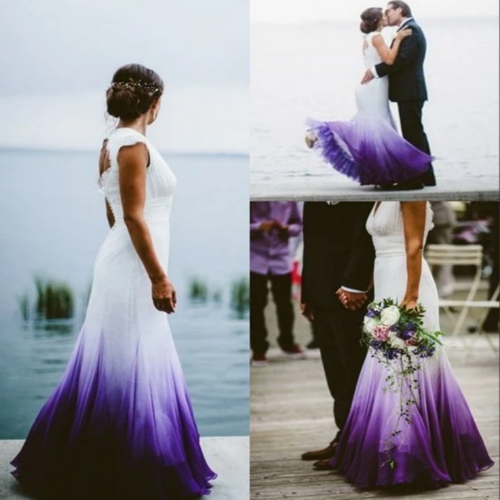 Gradient Purple And White Beach Wedding Dresses Open Back Sleeveless Long A-Line Bohemian Bridal Gown 2025 Colorful Country Chiffon Bride Dress Custom