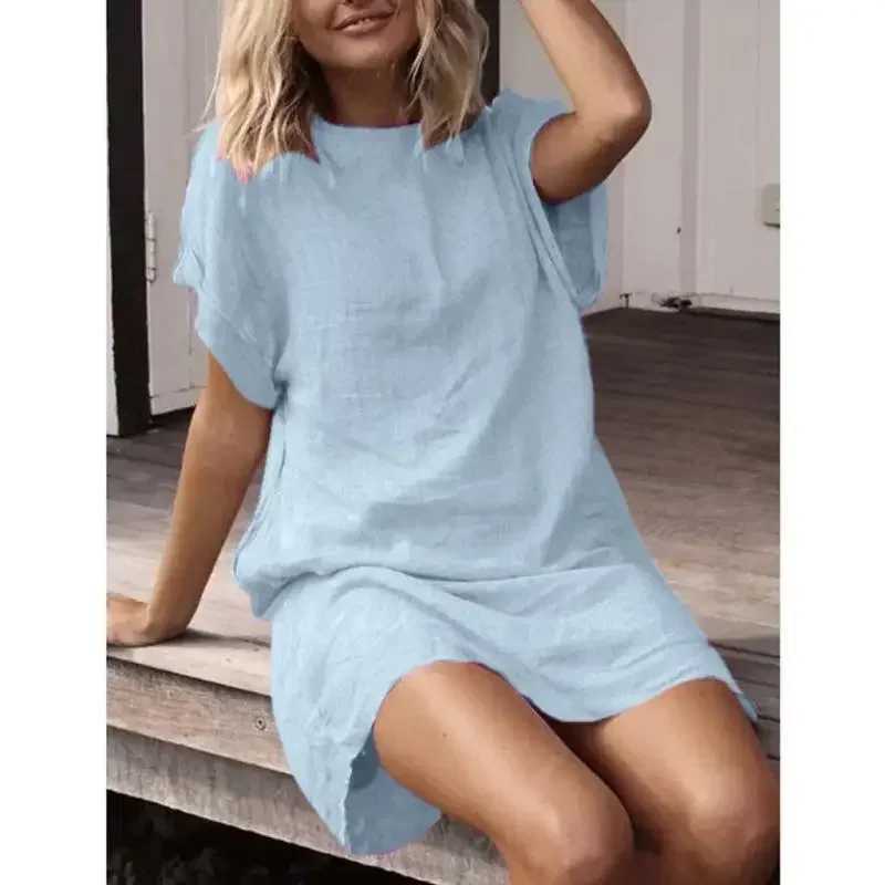 2020 Summer Womens Short Dress Loose Solid Color Cotton Linen Breathable DressT250311