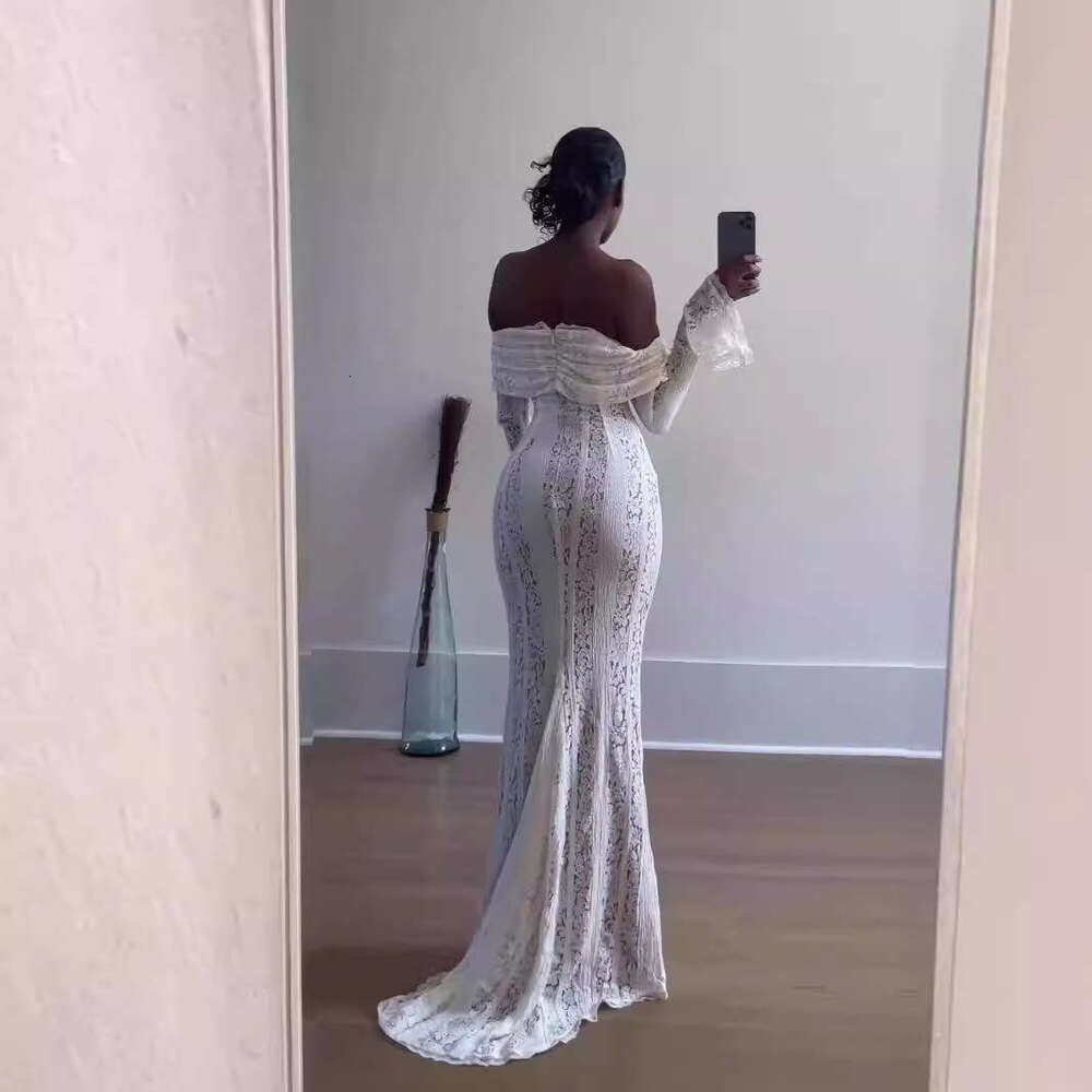 House's Same Fairy And Gentle One Shoulder Lace Dress With French Style Strapless, Waist Cinching, Trailing Long Skirt For Women