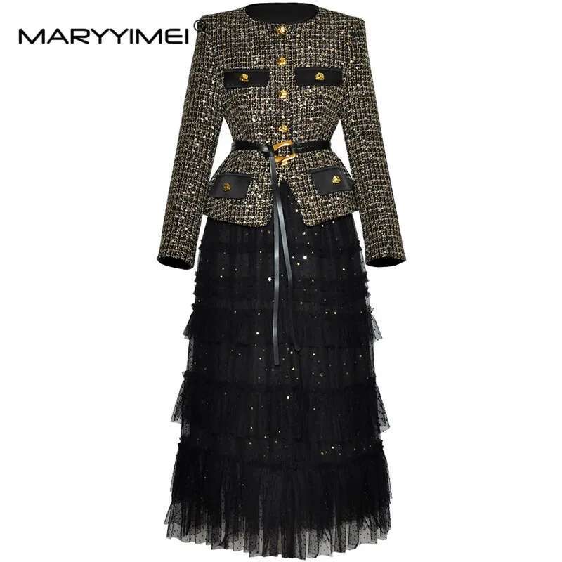 MARYYIMEI Fashionable Women's Suit Long Sleeved Single Breasted Lace-Up Tops+Mesh Black Skirt Autumn And Winter 2 Piece Set