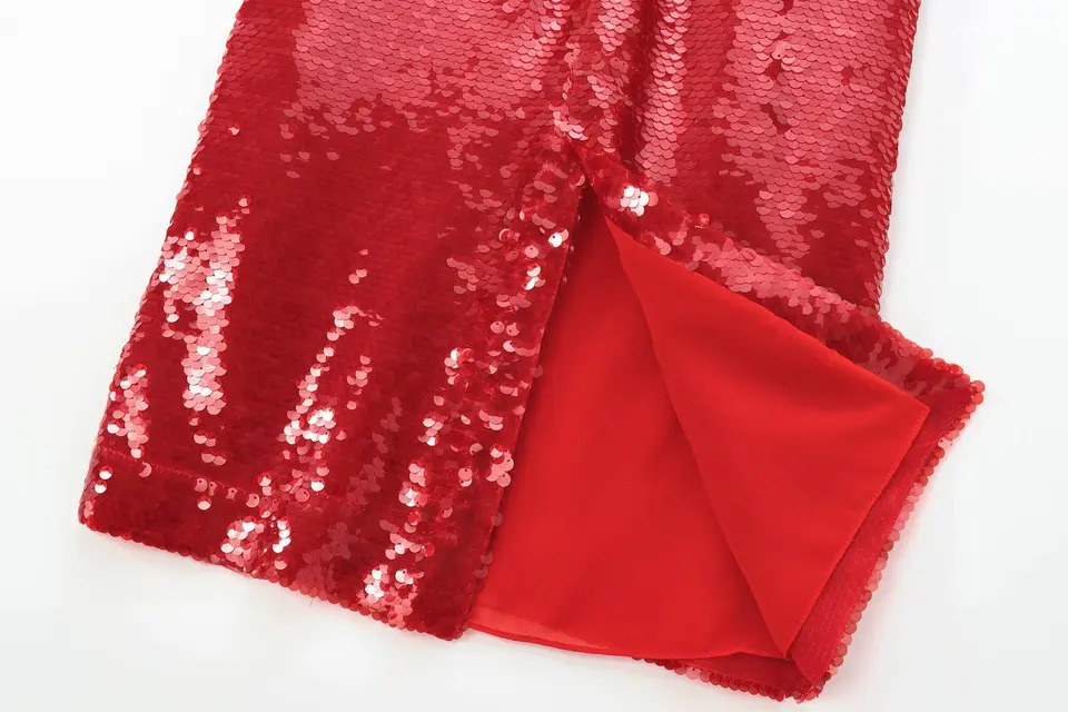TRAFZA Women Elegant Red Sequined Midi Skirt Hip Wrap Slim Spring Summer High Street Party Date Holiday 250311