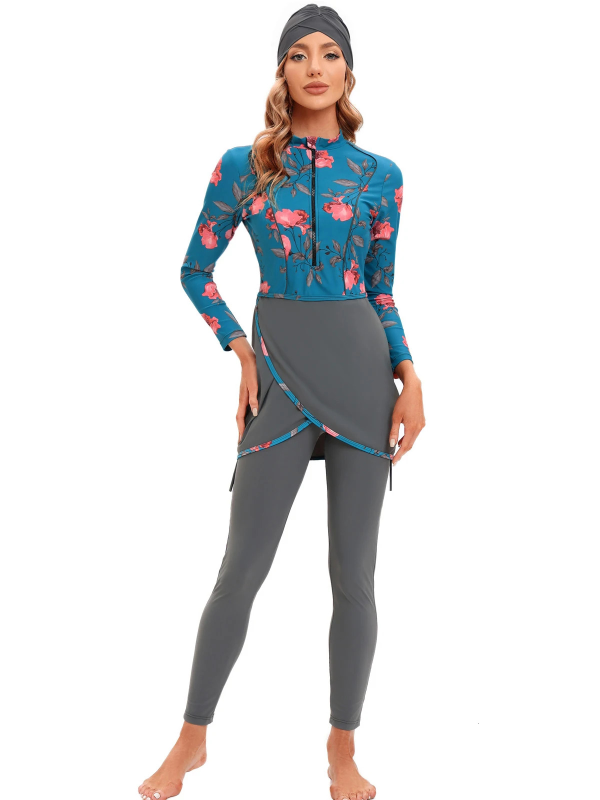 Women Modest Muslim Swimwear Patchwork Hijab Sport Long Sleeves Swimsuit 3pcs Islamic Wear Bathing Suit 250311