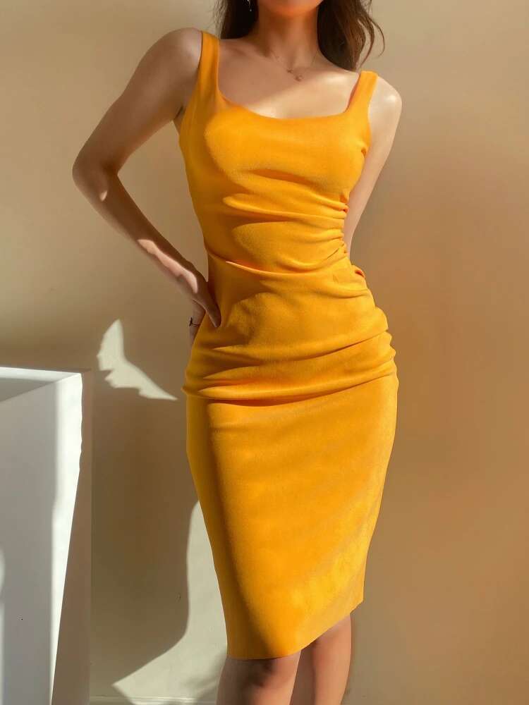 Tangada 2024 Women Yellow Sexy Strap Party Dress Vintage Sleeveless Female Knee Dresses 2B008