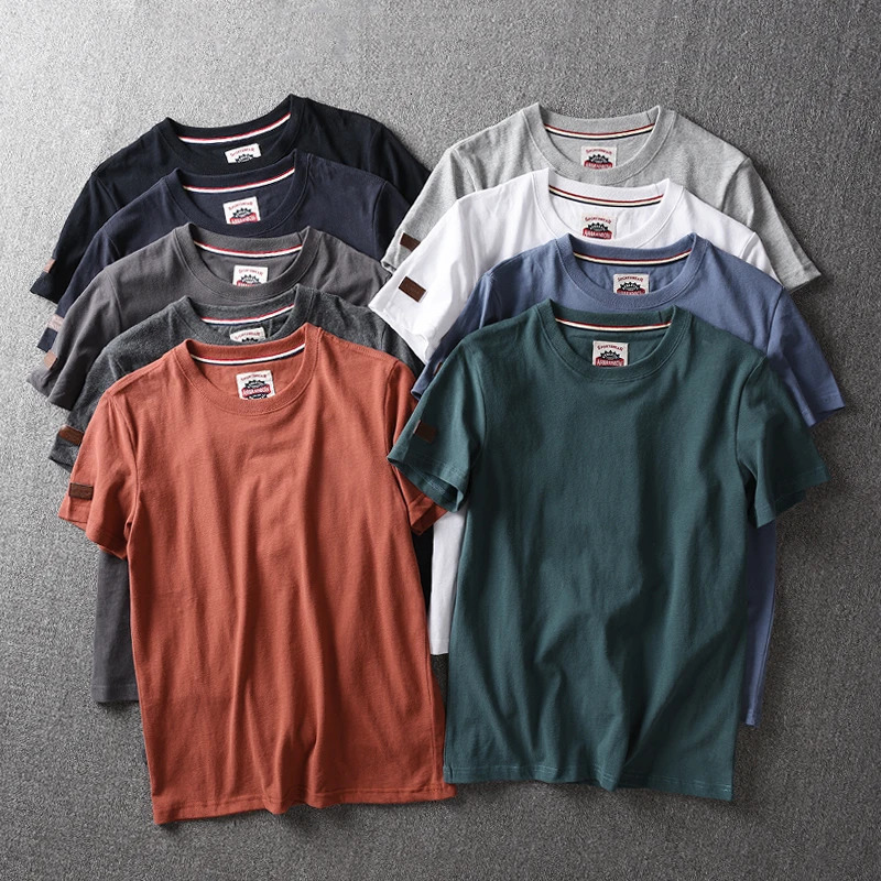 Summer American retro short sleeved Oneck solid color Tshirt for men fashionable and simple 100% pure cotton washing casual sports top 250312