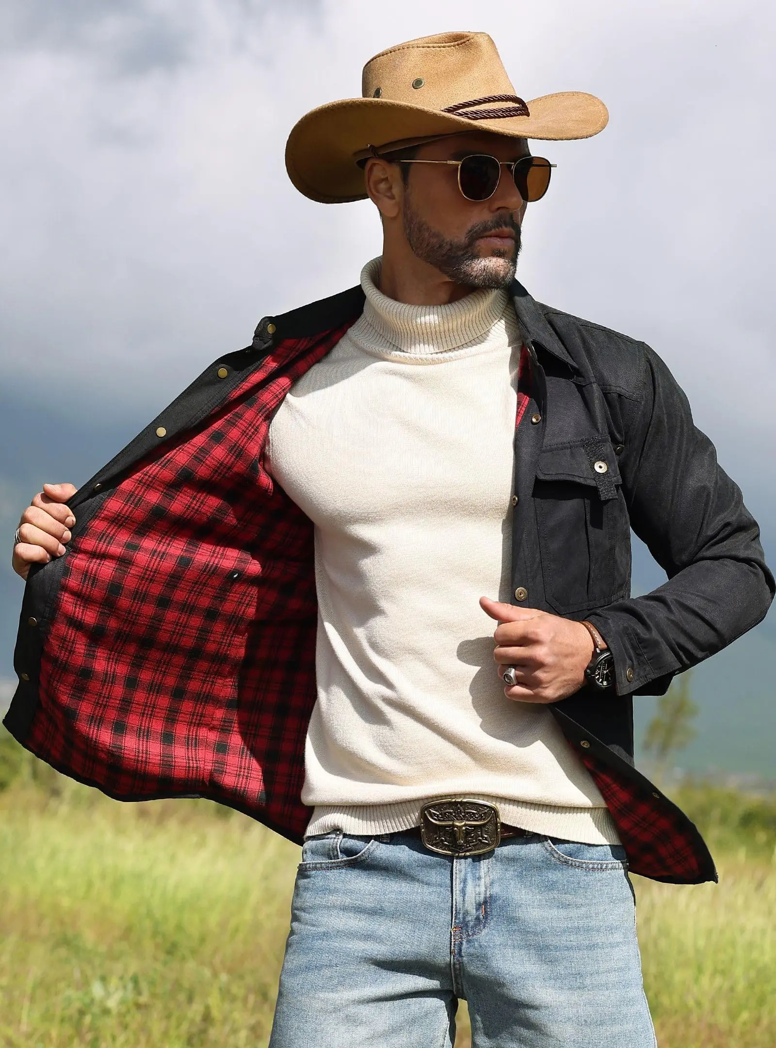 Slavinson Mens Jacket Spring Windproof Bomber Casual High Quality Western Cowboy Flannel Plain Lined Clothing 250312