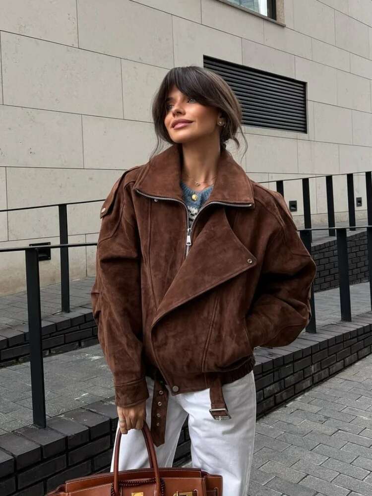 2025 Fashion Lapel Full Sleeve Brown Short Women Jacket Casual Zipper Pocket Suede Cropped Coat Lady New Chic Highstreet Outwear