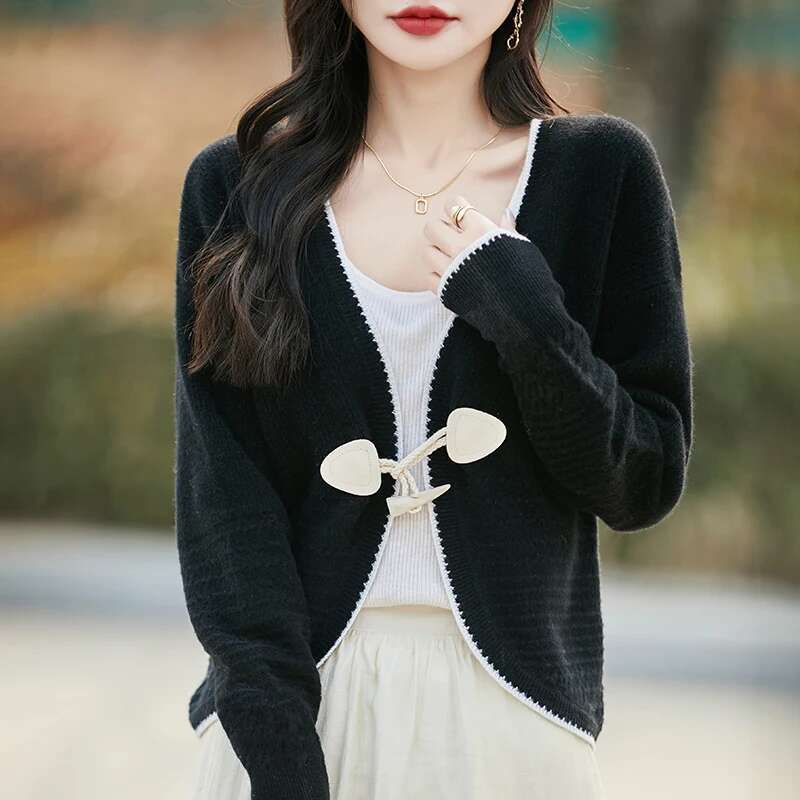 Spring New Long Sleeved Knitted Cardigan Women's V-Neck 100% Wool Trendy Fashion Short Cut Hollow Summer Jacket Sweater
