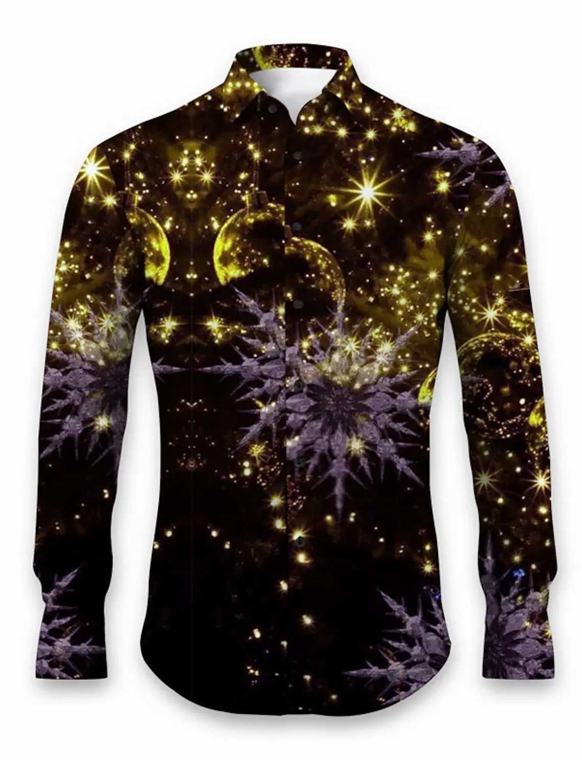 2024 Christmas themed mens 3D printed formal shirt with gold snowflake graphic long sleeved fashionable mens shirt W250312