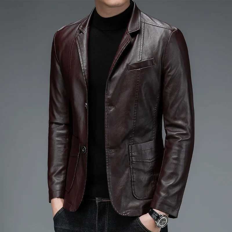 Men Pu Blazers New Korean Style Slim Fashion Leather Coat Streetwear Dress Suit Coat Mens Jackets Lapel Business Leather JacketsT250311
