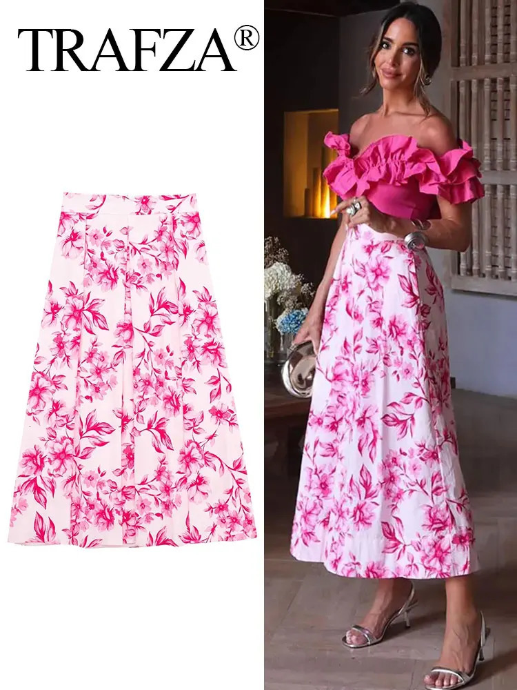 TRAFZA Women Pink Floral Print Skirt High Waist Slim Back Zipper Midi Skirts Elegant Woman Fashion Street ALine 250311