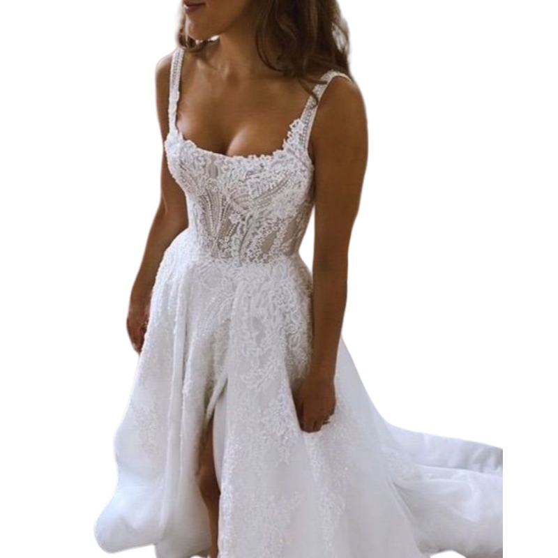 Front Slit Boho Wedding Dresses Lace Appliques Spaghetti Straps Backless Sexy A-Line Bridal Gown 2025 Sleeveless Court Train Beach Bride Dress
