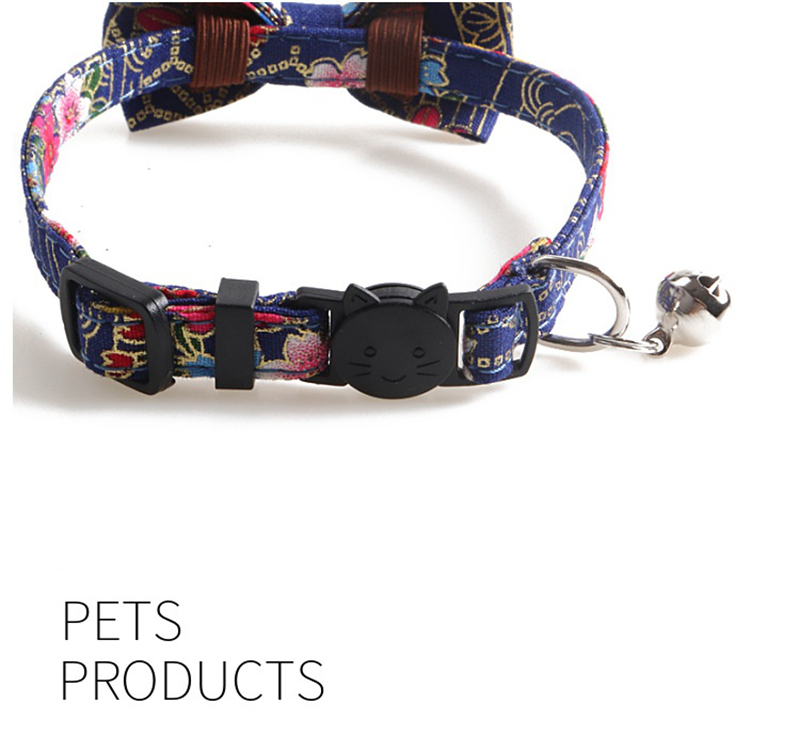 Summer Cat Bow Tie Collar with Bells, Chinese Style Embroidery Pattern Kitty Kitten Collar for Girls and Boys Cats Breakaway Adjustable Collar Blue B8