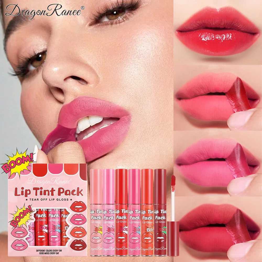 6 pieces/box tear lip color suit waterproof durable matte red peeling liquid lipstick dye tattoo coloring non stick lipstick W250312