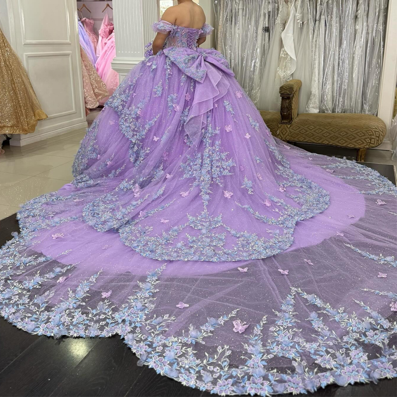 Lavender Shiny Quinceanera Dresses Ball Gown Off The Shoulder Applique Flower Bow Beads Tull Party Birthday Sweet 16 Vestidos 15 De Anos