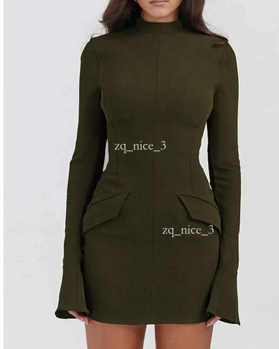 Casual Dresses Elegant Dark Blue Solid High Waist Mini Dress Women Fashion With Pocket Long Sleeve Bodycon Chic Party Club Robes shipping included 15 