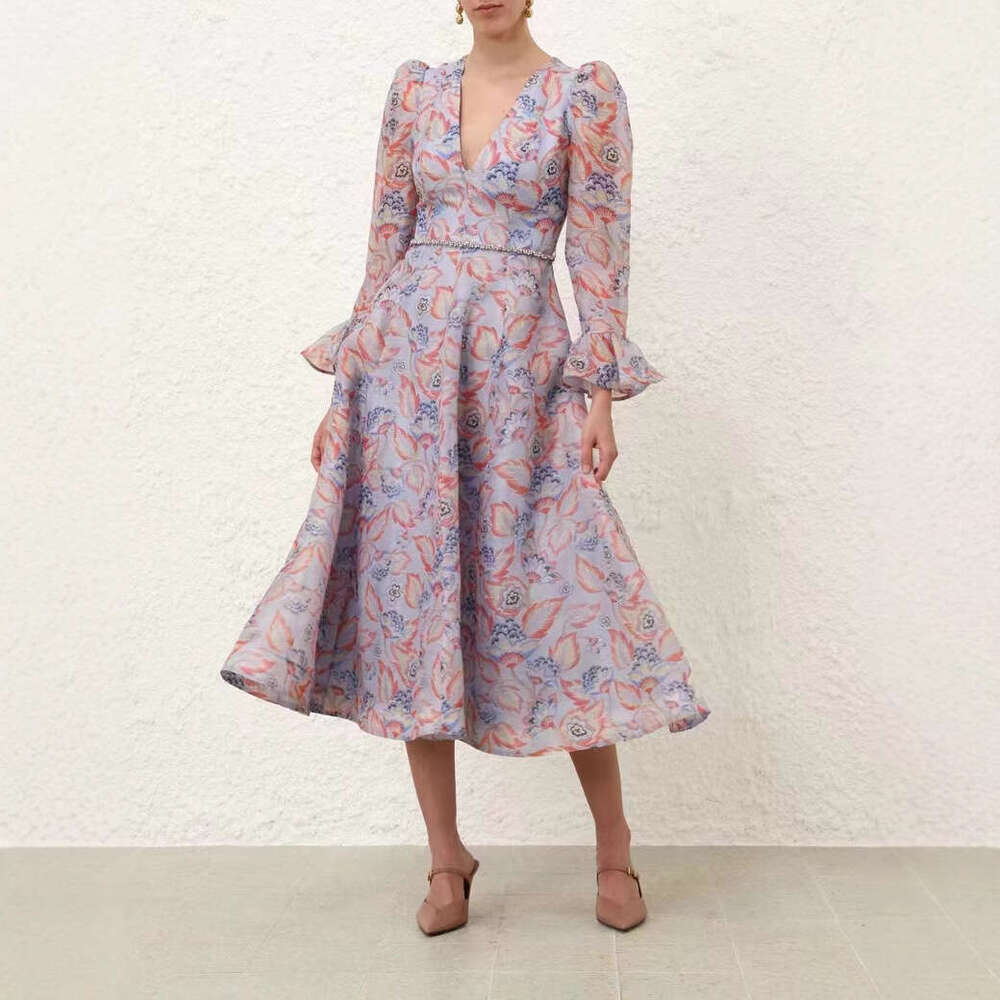 Australian Light Luxury 2024 Autumn/Winter Trumpet Sleeves Elegant Printed V-Neck A-Line Waist Mid Length Dress