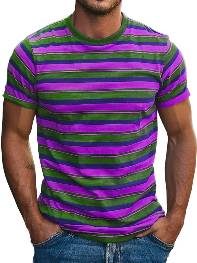 Mens Retro Stripe 3D Printed T Shirt Summer Casual Short Sleeve Fashion Crew Neck Tshirt Loose Quick Dry Breathable Sports Tees 250312