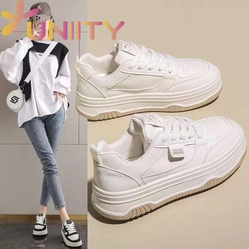 New Women's 2025 Sponge Cake Thick Bottom Small White Casual Sports Breathable Color Block Board Shoes Wholesale
