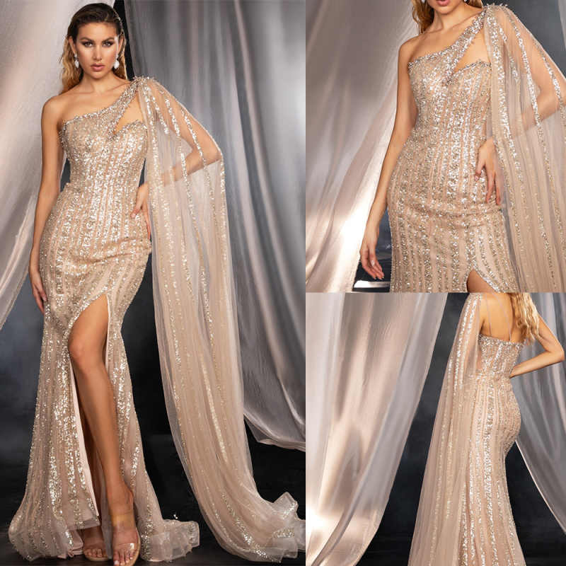 Classic Mermaid Evening Dresses For Women One Shoulder Sleeveless Gown Sequins Split Side Sweep Train Party Customized Dress