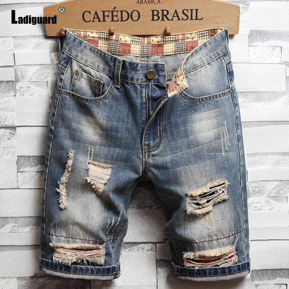 Ladiguard Men Vintage Street Demin Shorts Spring Autumn Fashion Ripped Plus Size Mens Stand Pocket Short Jeans 250312
