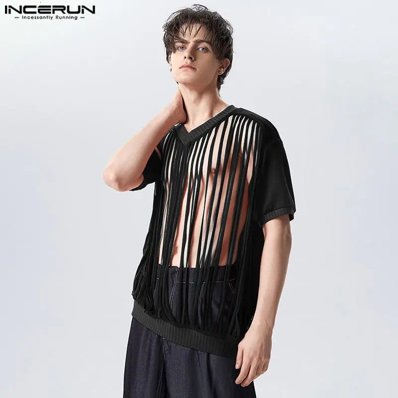 Fashion casual style top INCERUN mens short sleeved knitted Vneck printed Tshirt sexy and comfortable selling hollow vest 250312