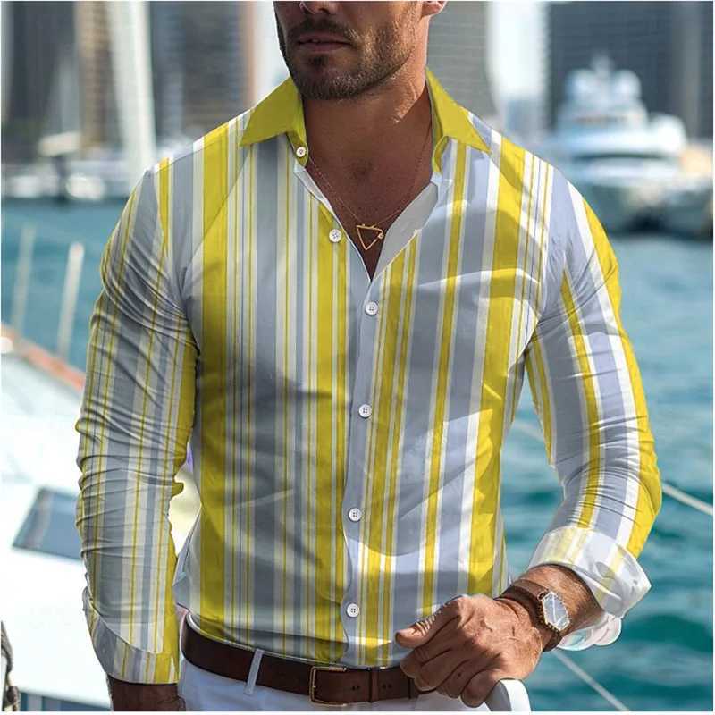 2024 Fashionable Casual Mens Line Printed Shirt Formal Spring Summer Lapel Long Sleeve 25 Colors XS-6XL Stretch Fabric Shirt W250312