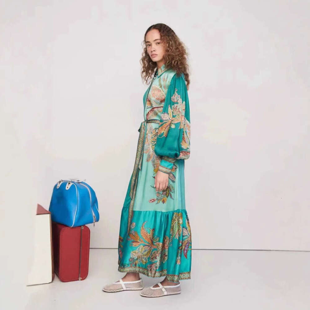Australian Niche Printed 2024 Autumn And Winter New Item With Lapel, Lantern Sleeves, Waistband, Waist Cinching, Slimming Long Dress
