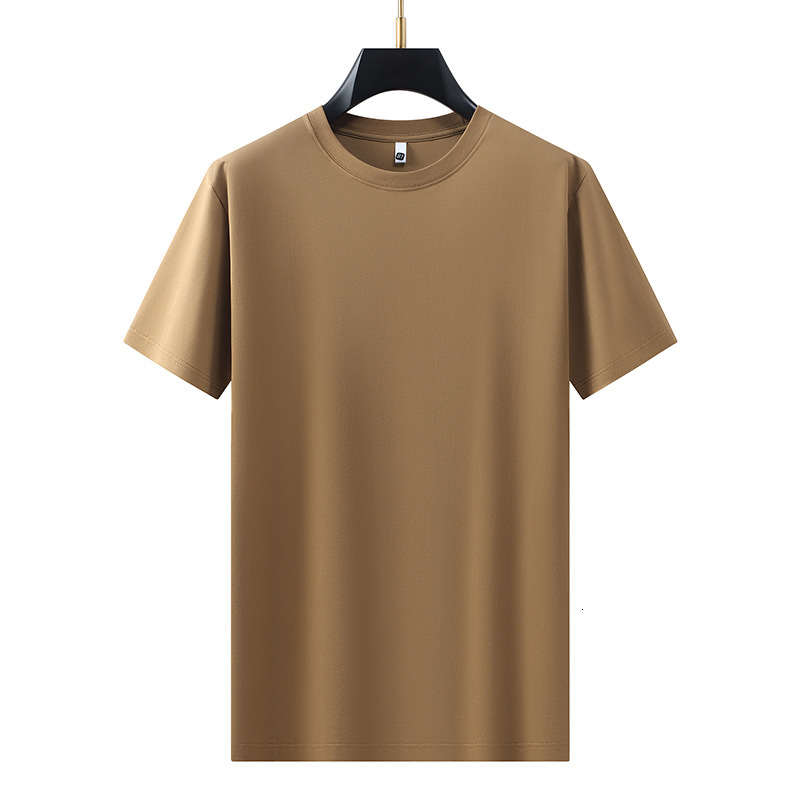 silk solid color short T-shirt for men, skin friendly and cool feeling base shirt, loose half sleeved round neck casual high-end men's clothing p