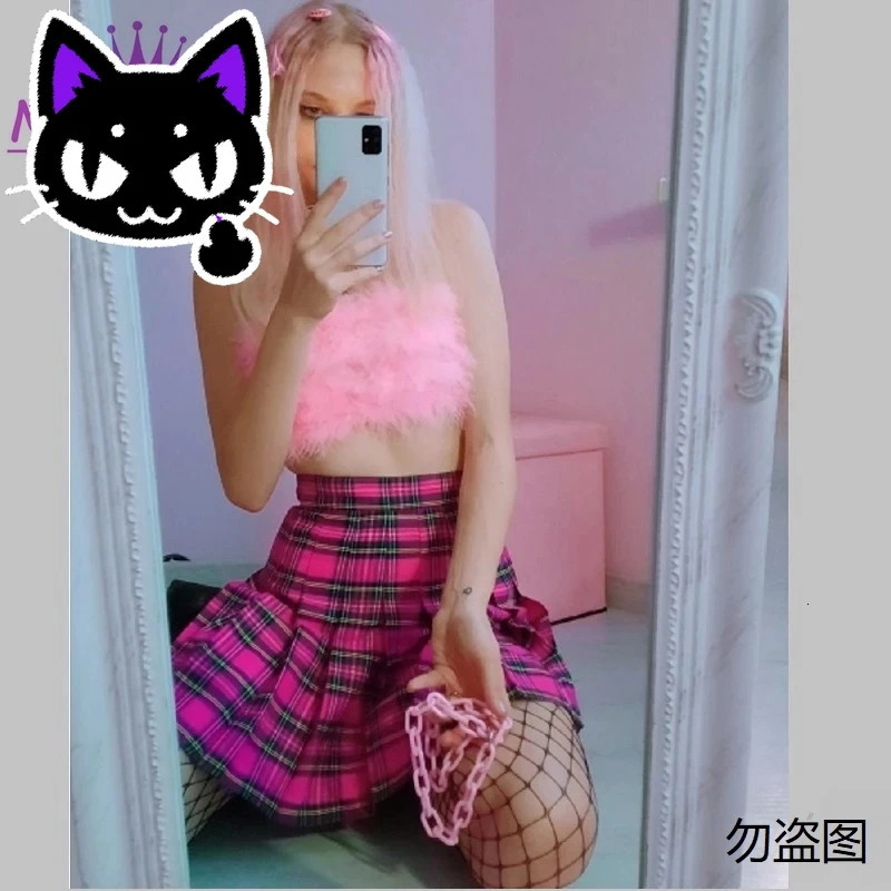 Misa Japanese Harajuku girl cute rose pink checkered high waisted pleated skiing mini JK summer women Jupe Y2K Aest 250311