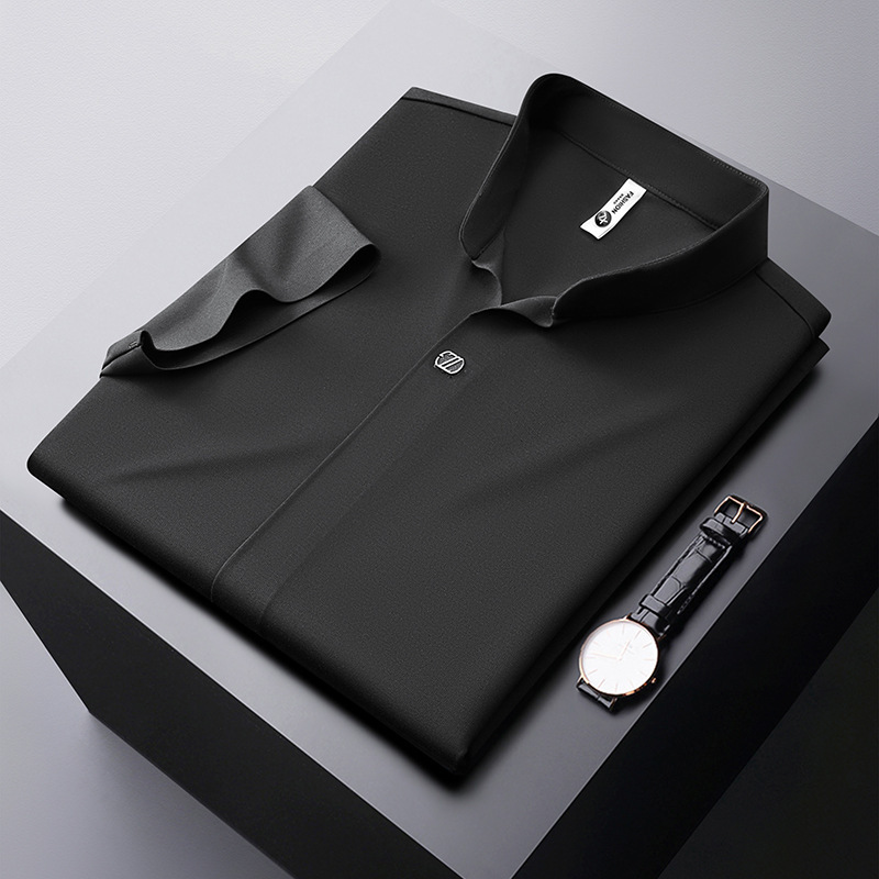 New Chinese style standing neck high elastic V-neck polo shirt for men's seamless drape thin short sleeved white t-shirt light luxury summer trac