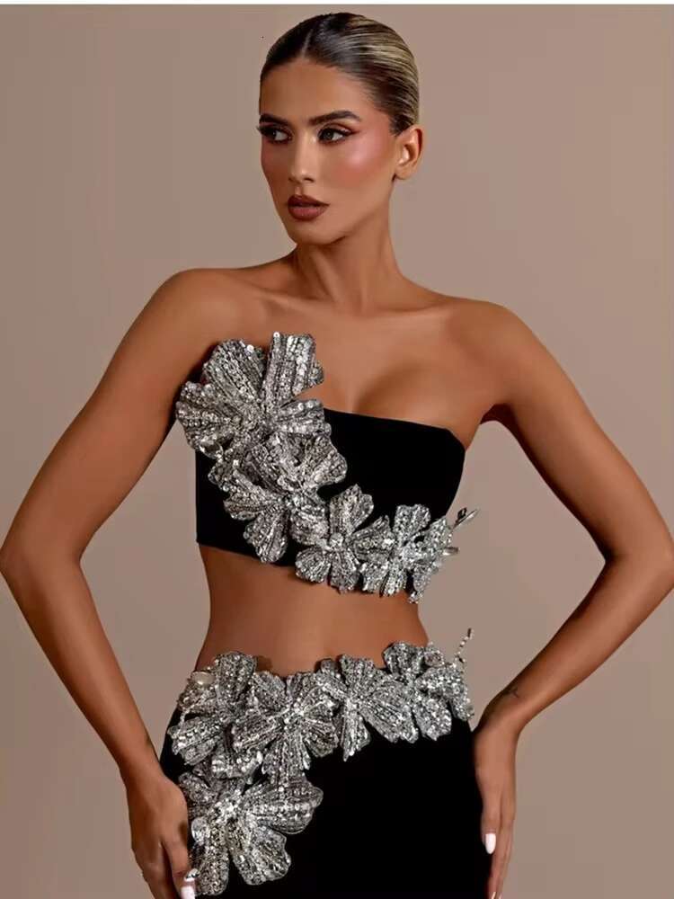 Women's Strapless Wer Dias Crystal Black Maxi Long Bandage Skirt Set 2024 Knitted Elegant Evening Club Party Clothing