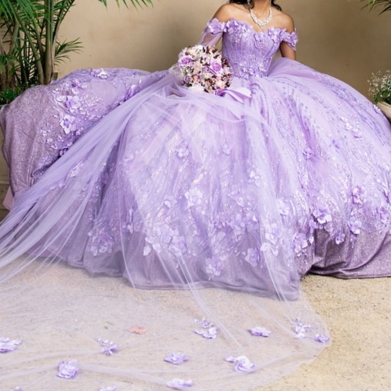 Lavender Shiny Off Shoulder Quinceanera Dresses Applique Lace Beading With Cape Tull Corset Party Birthday Sweet 16 Dress Vestidos 15 De Anos