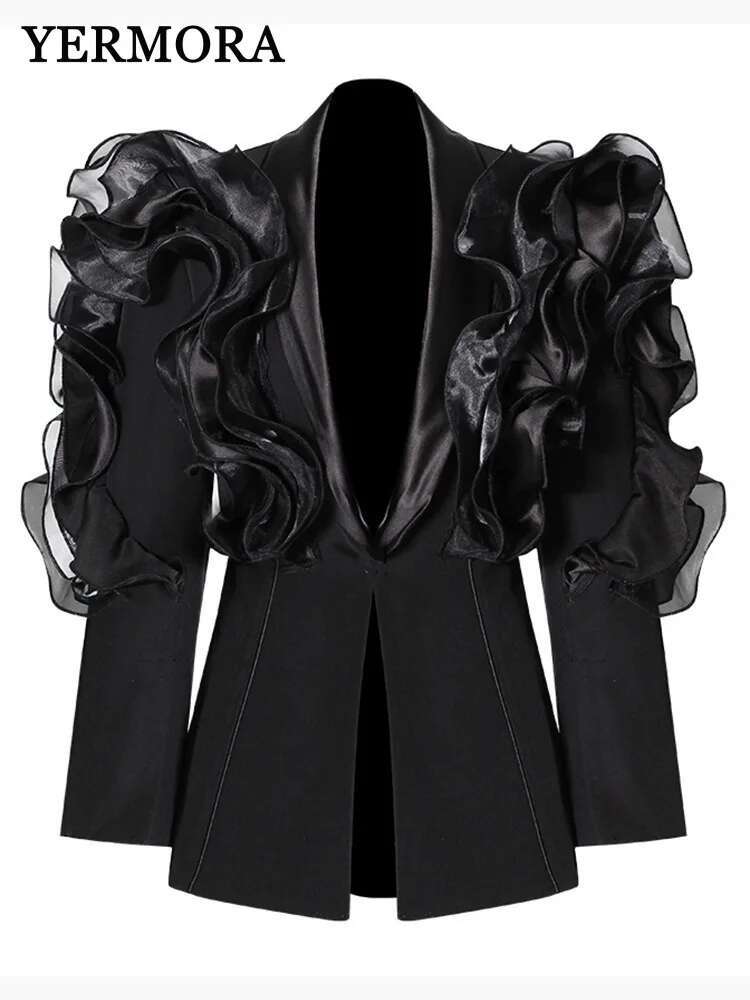 YERMORA Spliced Mesh Ruffles Casual Blazer For Women Lapel Long Sleeve Fashion Tide Loose Fit Jacket Spring Autumn 2025 New A165